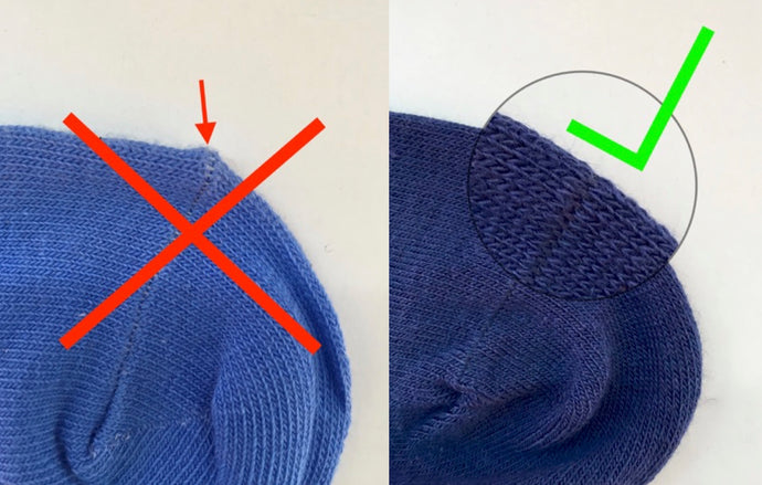 Bild: Socken mit dicker Naht vs. Socken mit handgeketteltem Zehenbereich